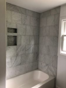walk in shower remodel in bathroom with new tile